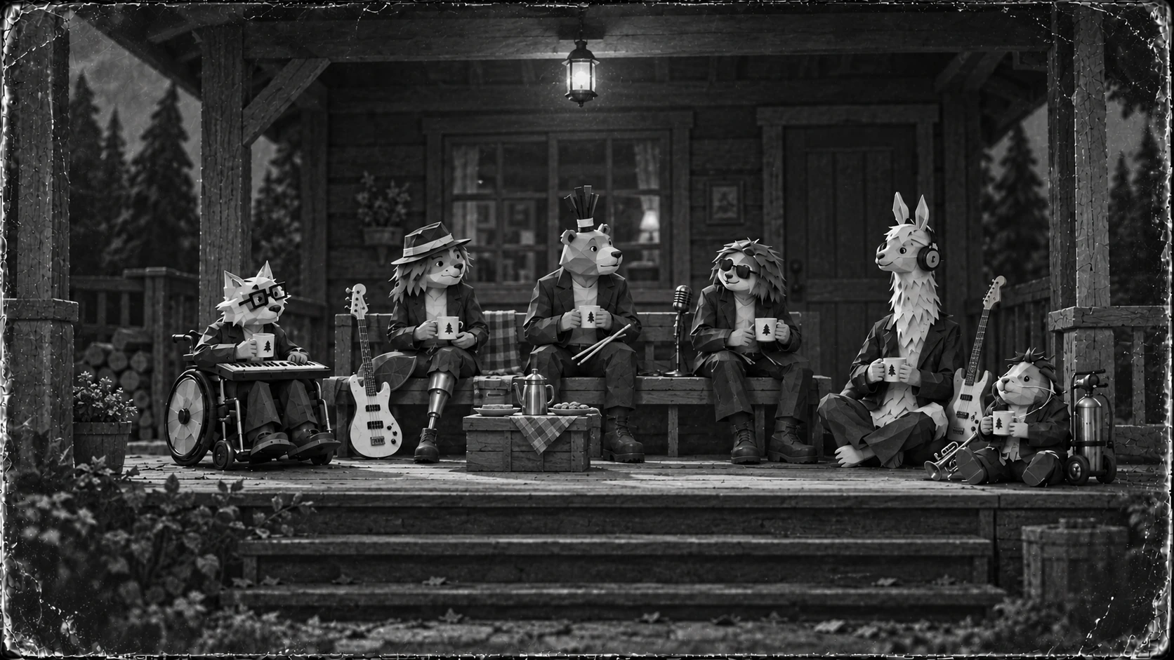 The six friends relax with their instruments on a wooden cabin porch after the photo session.