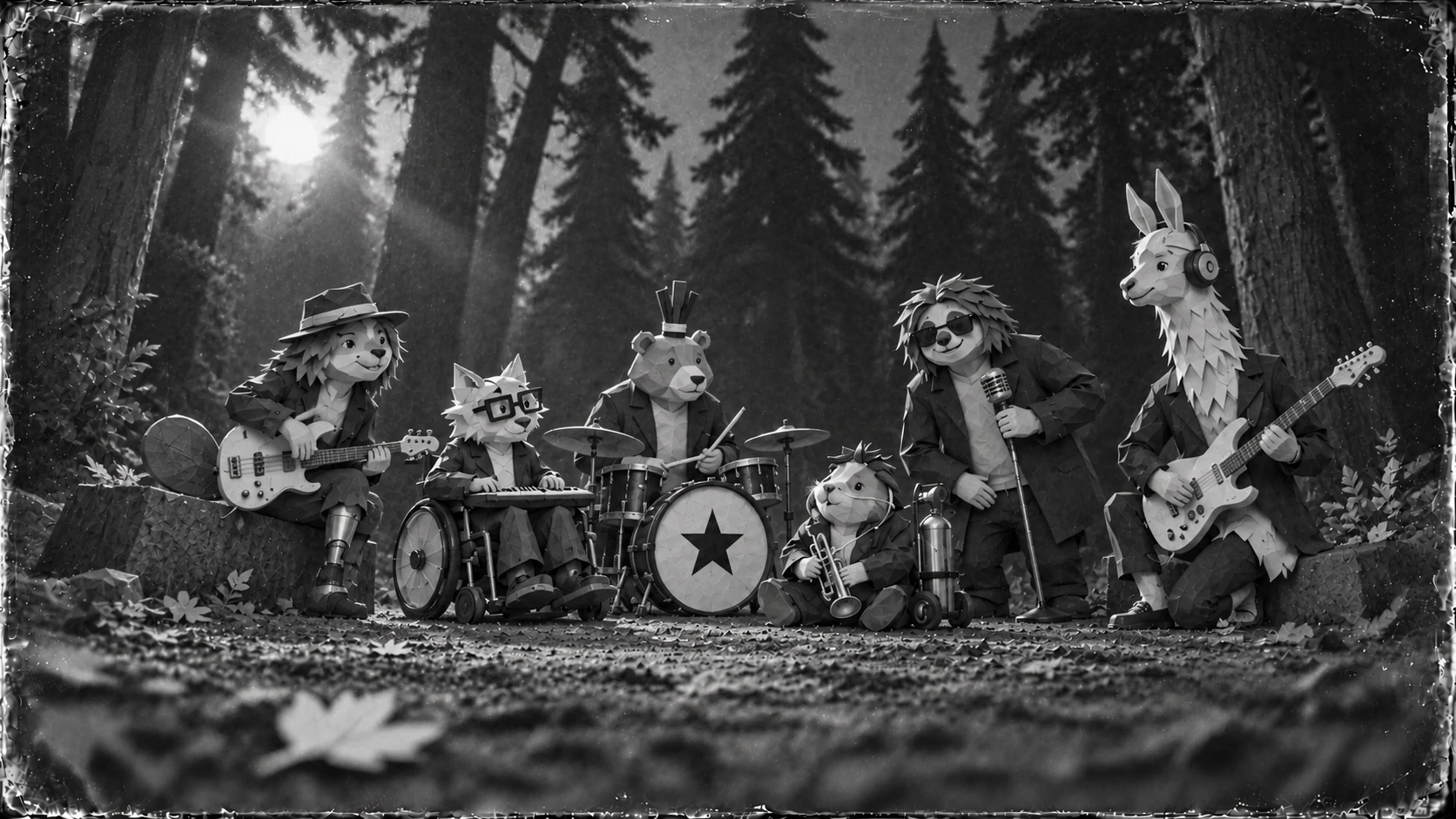 The six friends and their instruments seen from ground level among leaves on the forest floor.