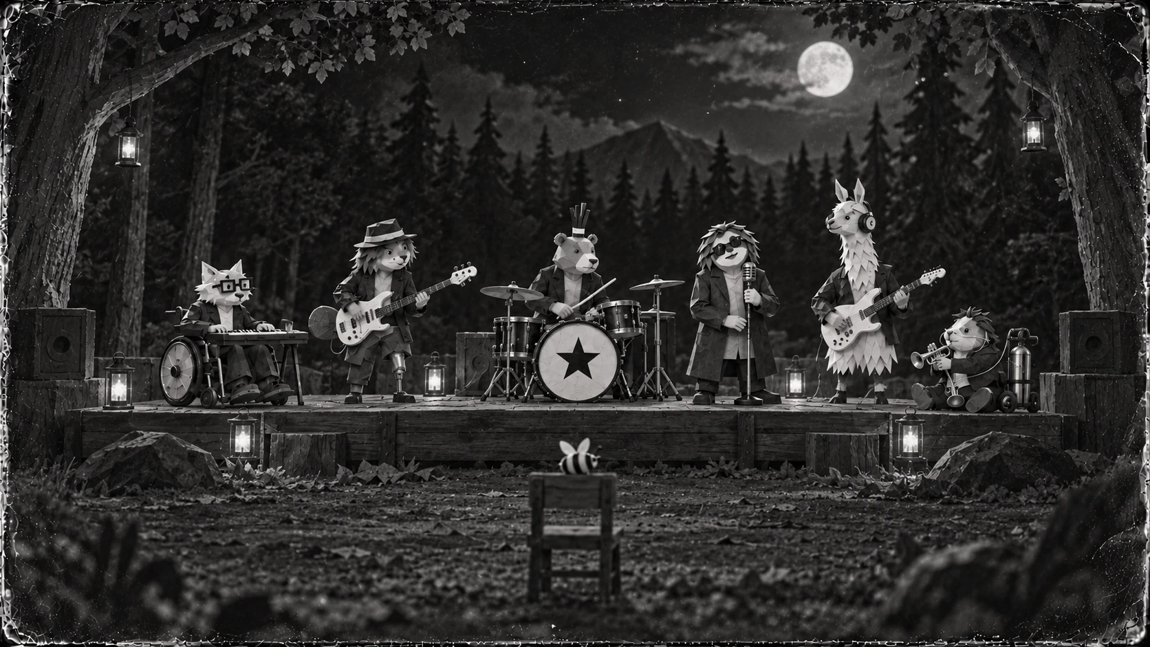 The band performs on a woodland stage under the moon, with a small bee in the foreground.