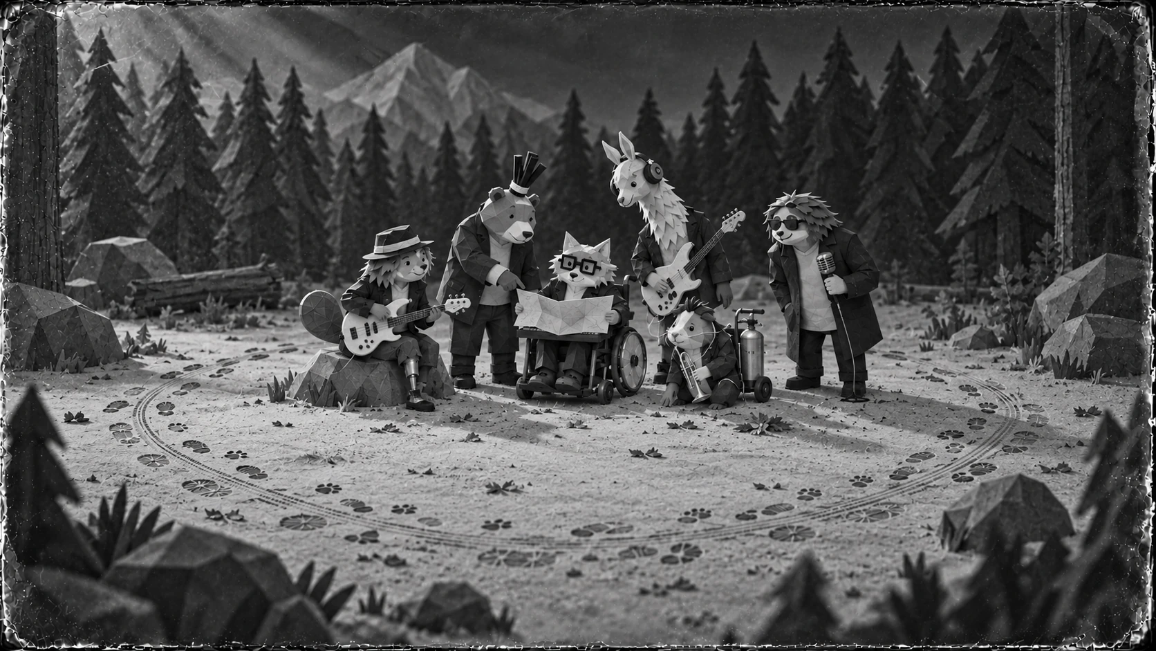 The band follows a trail across a forest clearing, with mountains in the distance.