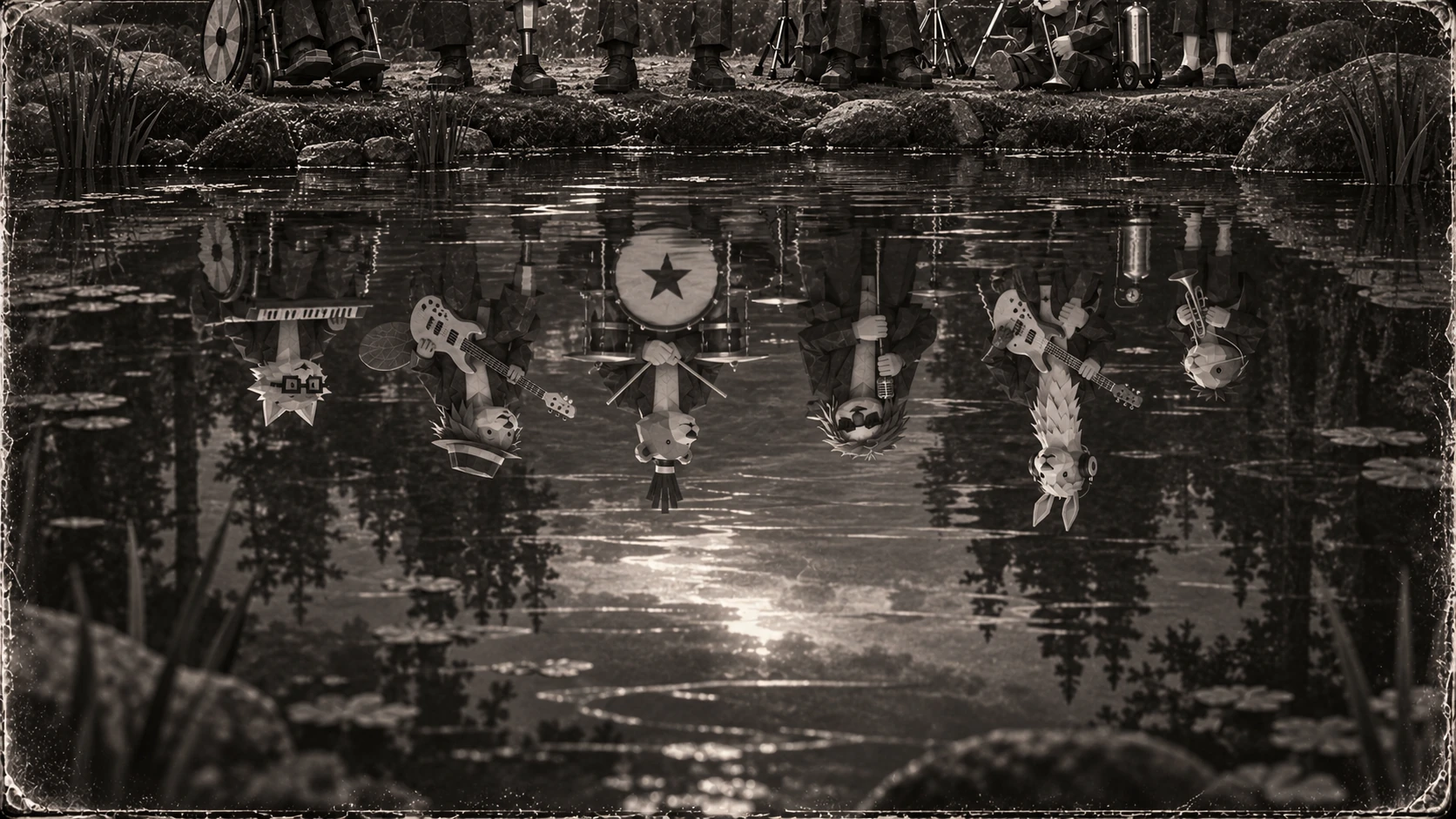 The band and their instruments are reflected in a quiet forest pond.