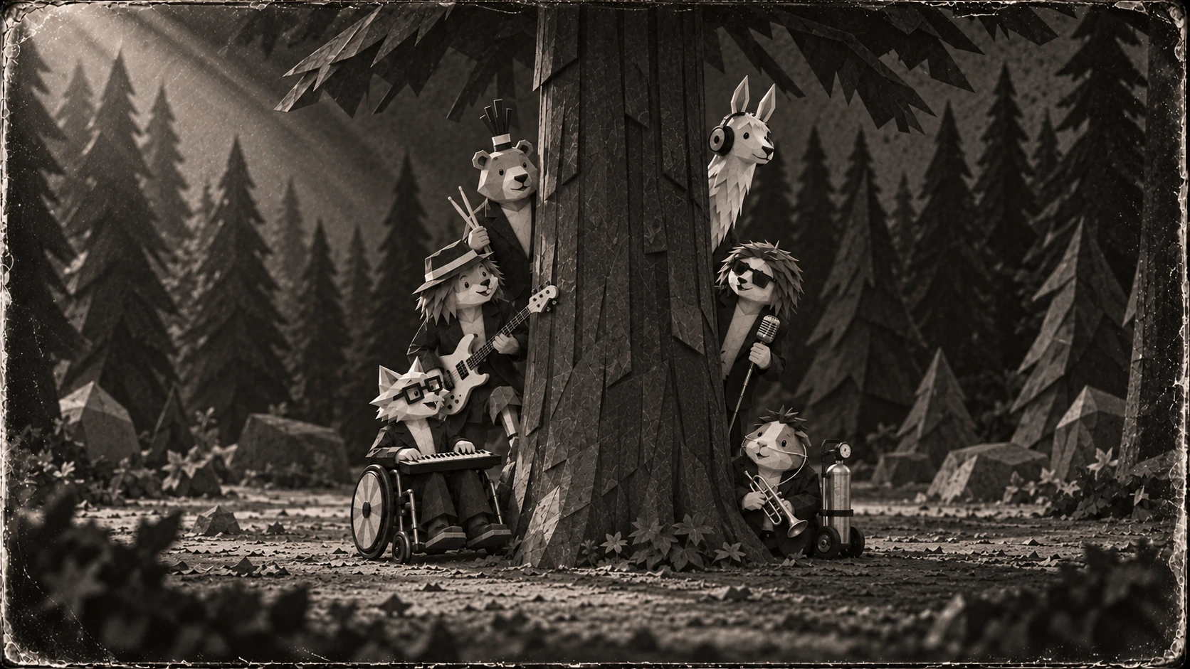 The six friends peek out from behind a large tree, with a wheelchair and instruments beside them.