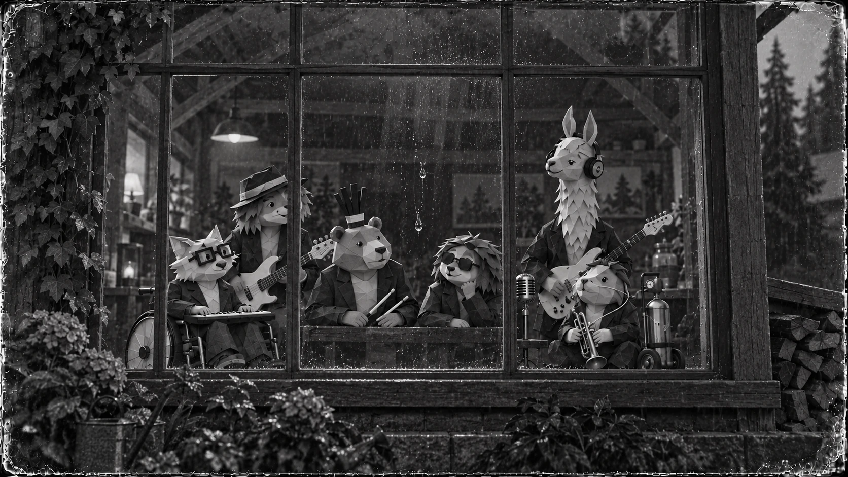 The band gathers behind a cabin window, watching raindrops on the glass.
