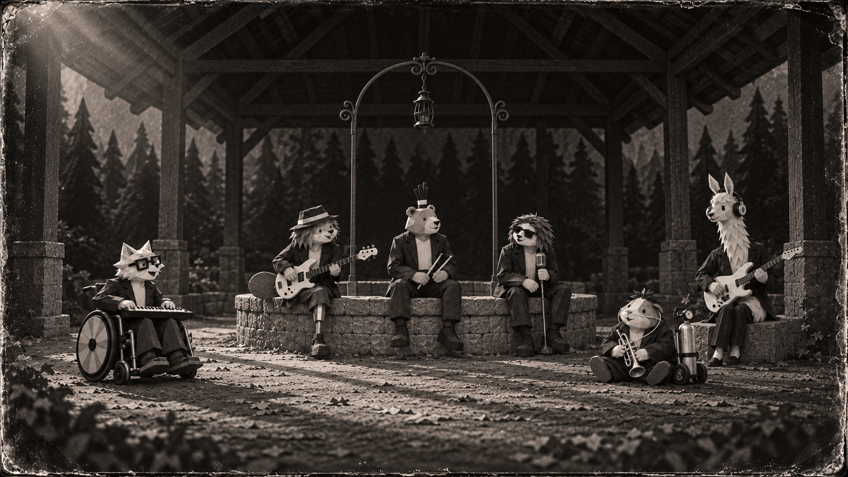 All six friends gathered by a woodland well: Pepe in his wheelchair, Luna with her bass and prosthetic leg, Kai with drumsticks, Timo with a microphone, Cubín beside his wheeled oxygen cylinder, and Muna with her guitar and headphones.