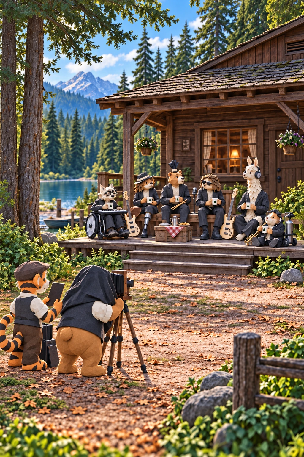 A candid colour snapshot of Pooh under the dark cloth of his antique camera, with Tigger assisting and the six friends on the cabin porch.
