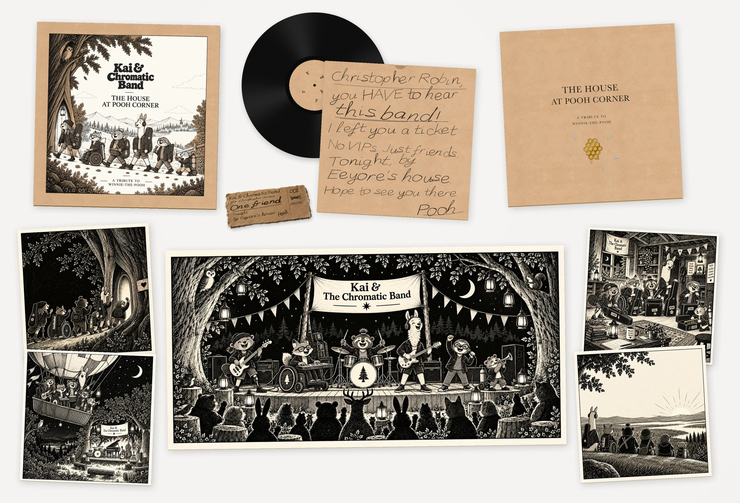 The complete edition: illustrated sleeve, vinyl, five art prints, a note and the One friend ticket