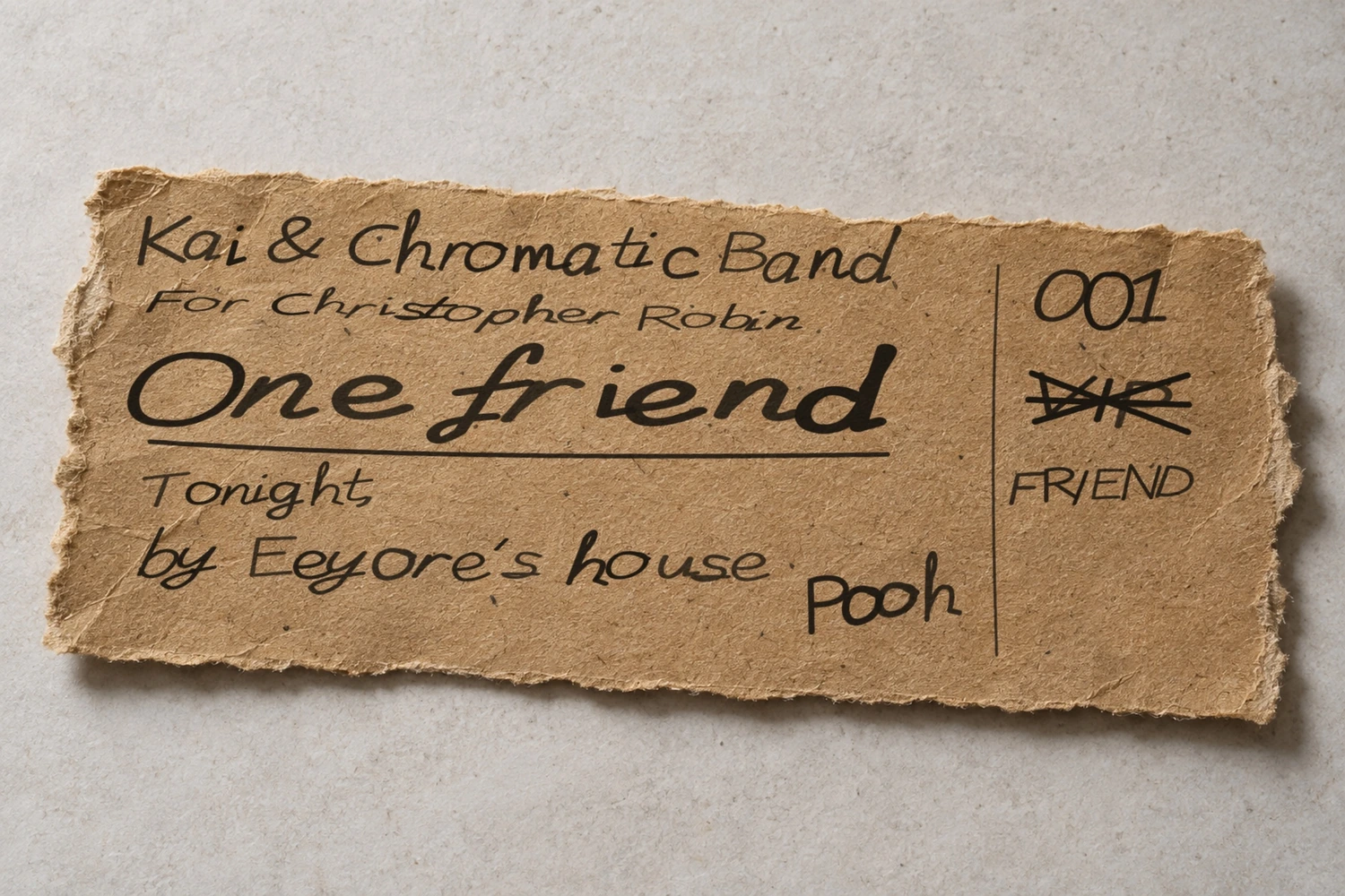 A torn kraft paper invitation from Pooh to Christopher Robin, numbered 001 and marked One friend