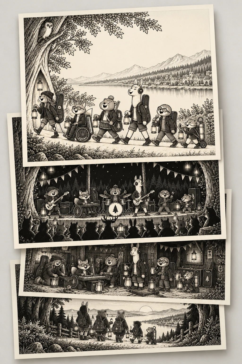 A close-up arrangement of engraved woodland illustrations